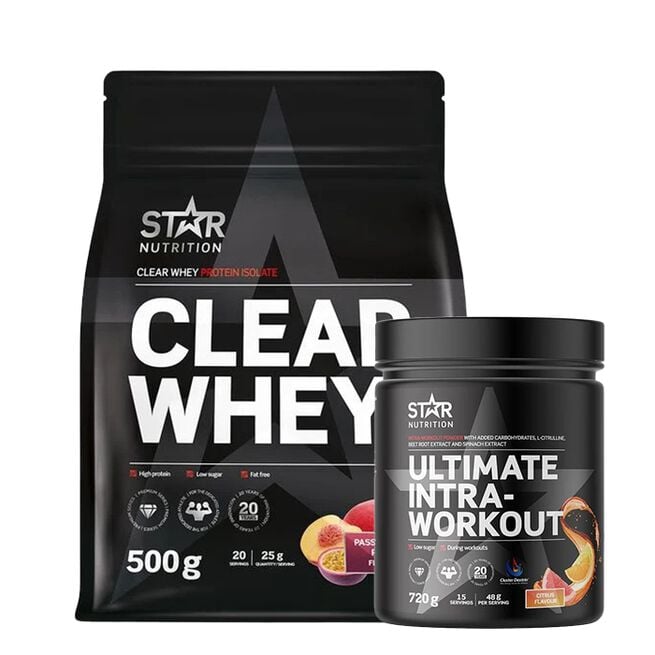 Clear Whey Heraproteiini 500 g + Ultimate Intra Workout hiilihydraattijauhe 720 g