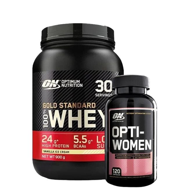 100 % Whey Gold Standard heraproteiini 908 g + Opti-Women, 120 kapselia