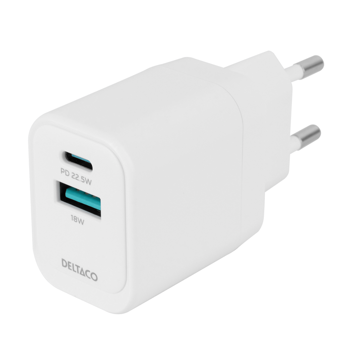Sein&auml;pistoke USB-A 18 W ja USB-C PD 20 W Valkoinen