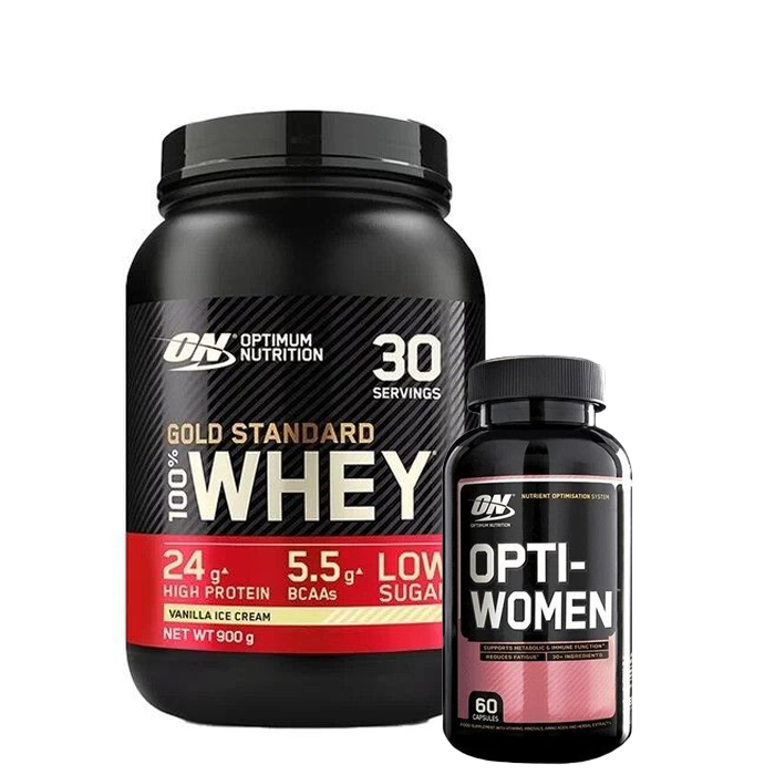 100 % Whey Gold Standard heraproteiini 908 g + Opti-Women, 60 kapselia