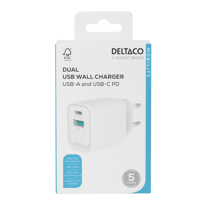 Sein&auml;pistoke USB-A 18 W ja USB-C PD 20 W Valkoinen