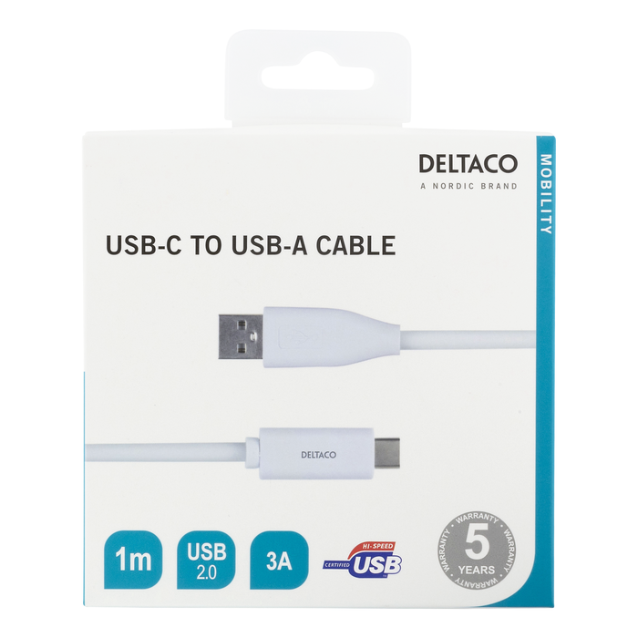 USB-A&ndash;USB-C-latauskaapeli USB 2.0 3 A Valkoinen 1 m